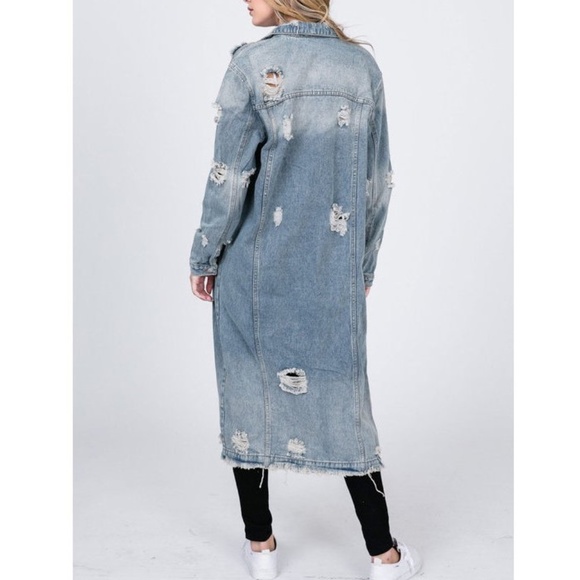 Destroyed Distressed Long Maxi Denim Jean Jacket - Picture 5 of 7